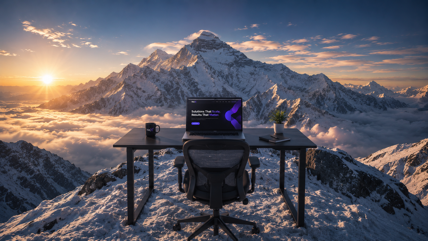 A modern desk with a laptop on a snow-capped mountain summit above the clouds at sunrise